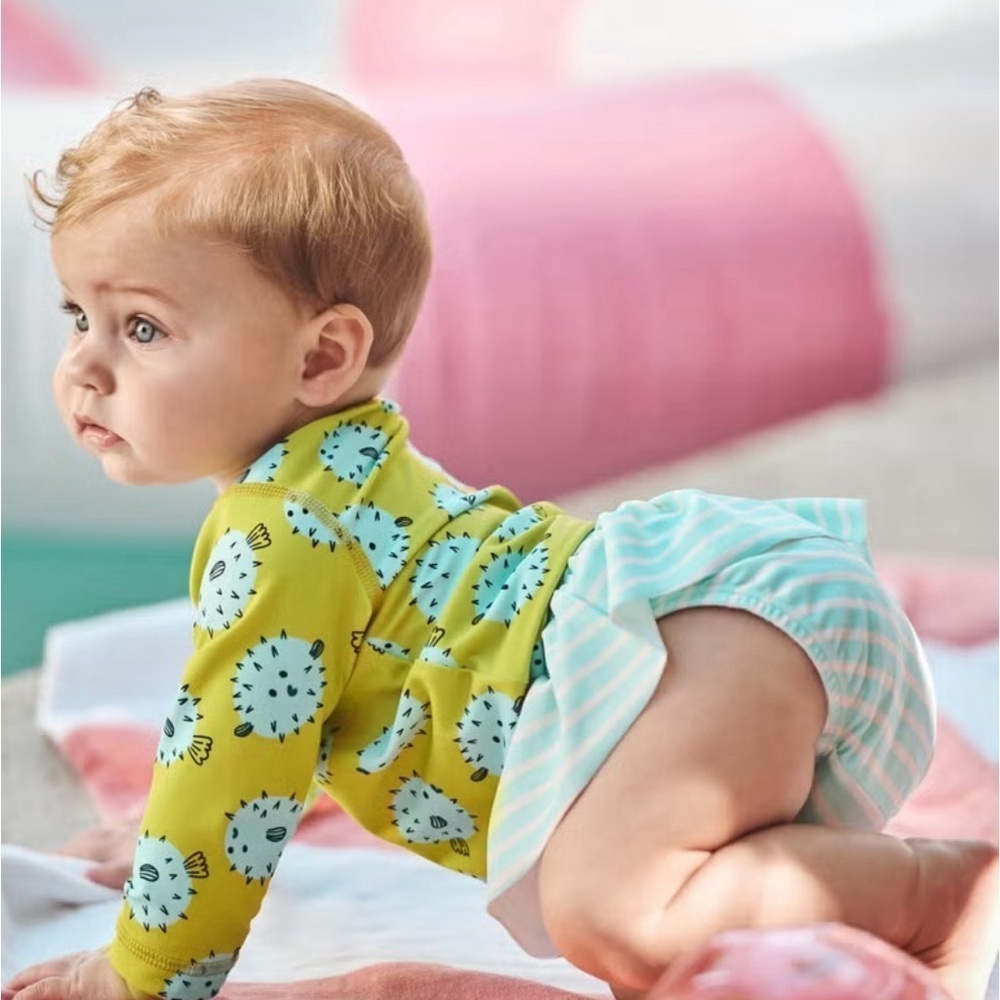 Hanna Andersson Fish Print and Striped Swim Diaper Cover rashguard and skirted b